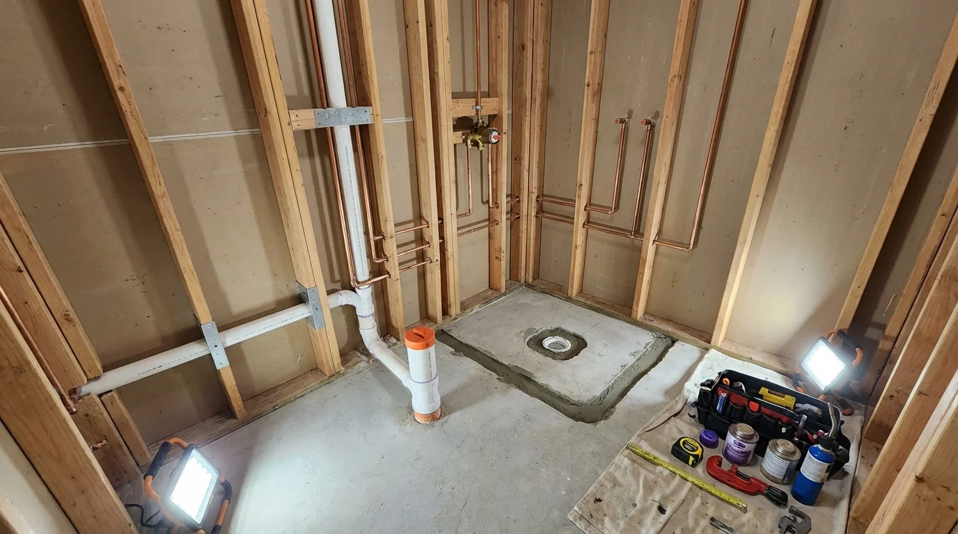 Bathroom rough-in plumbing during remodel by Johns Plumbing LLC in Harrisonville