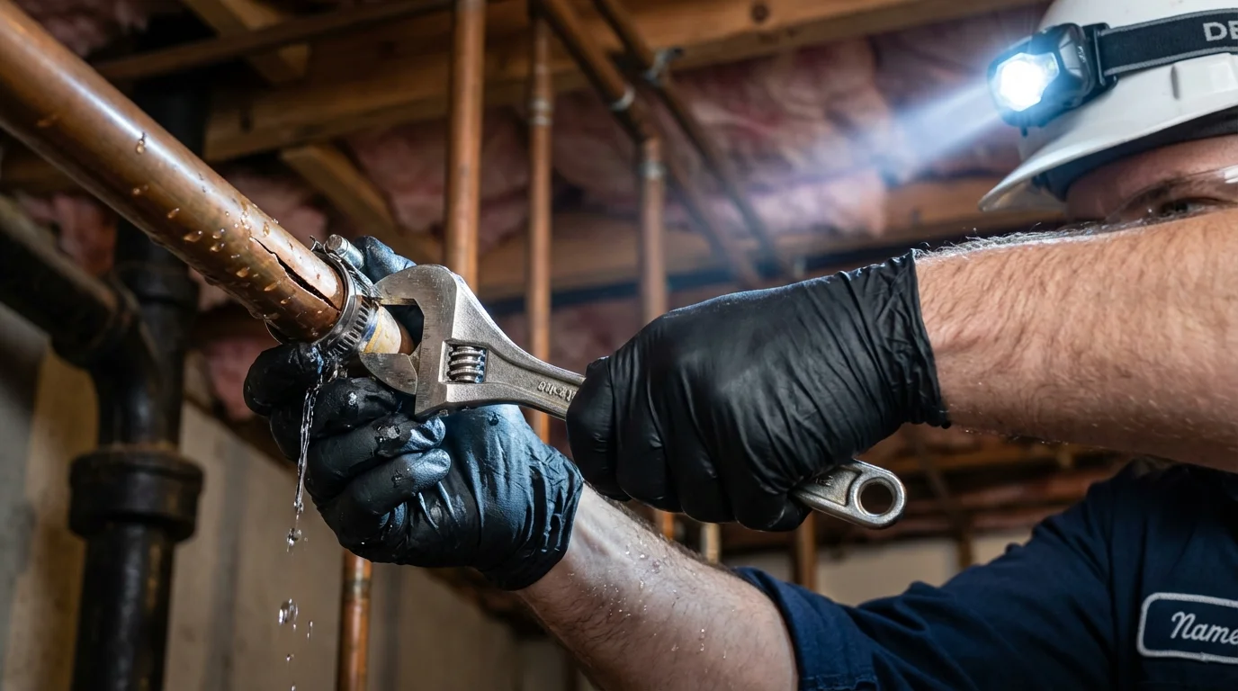 Emergency pipe clamp repair being performed by a Johns Plumbing LLC plumber in Harrisonville