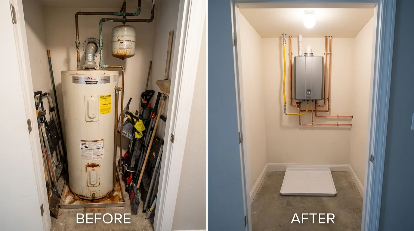 Tank water heater versus wall-mounted tankless unit comparison for Harrisonville, MO homeowners