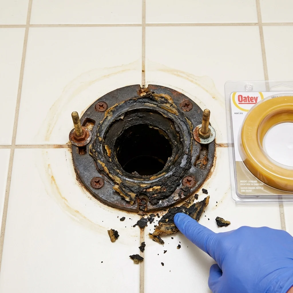Failed wax ring showing water seepage at the base of a toilet in a Harrisonville, MO home