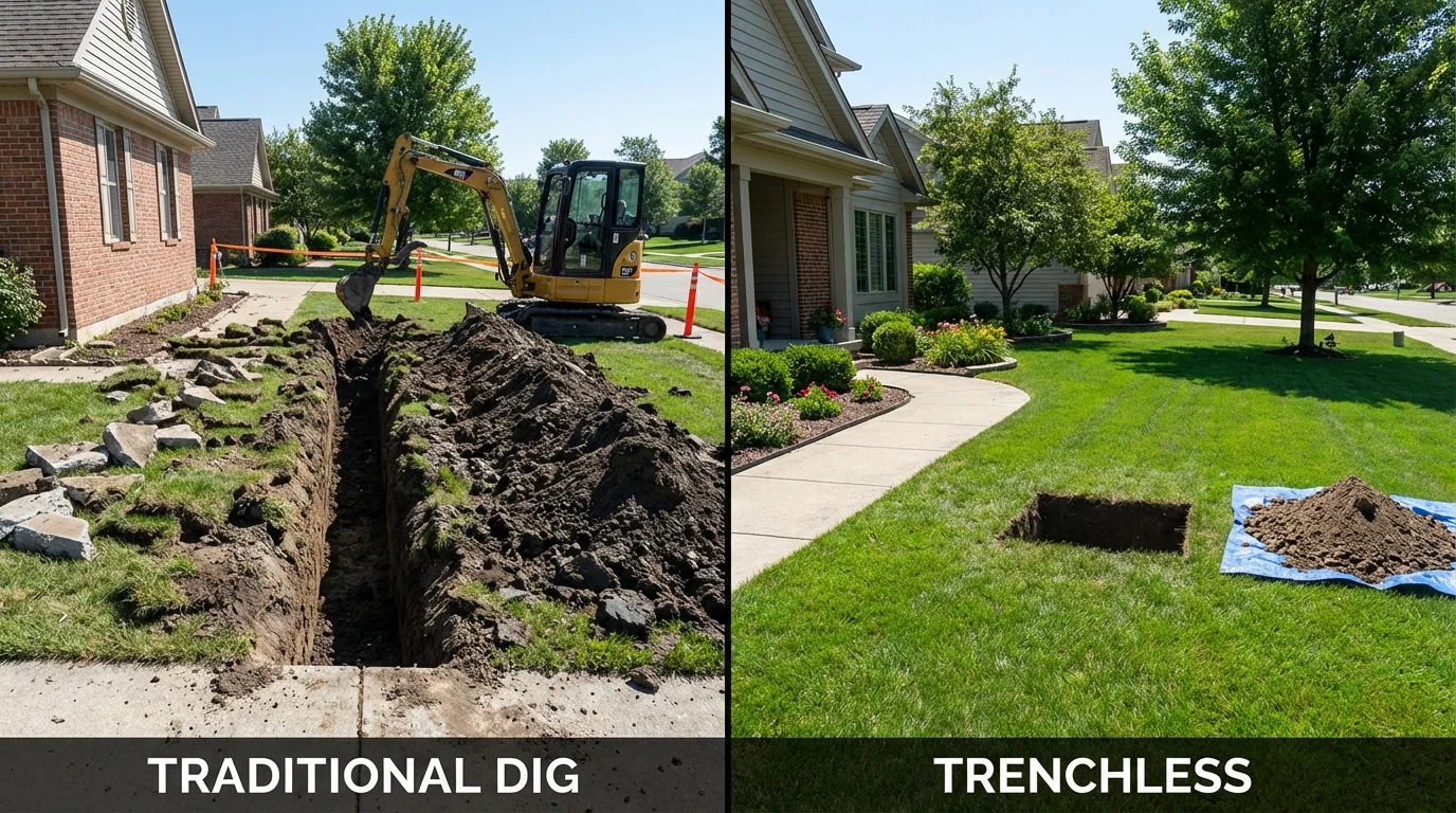 Trenchless sewer repair with minimal yard damage versus traditional excavation in Harrisonville, MO